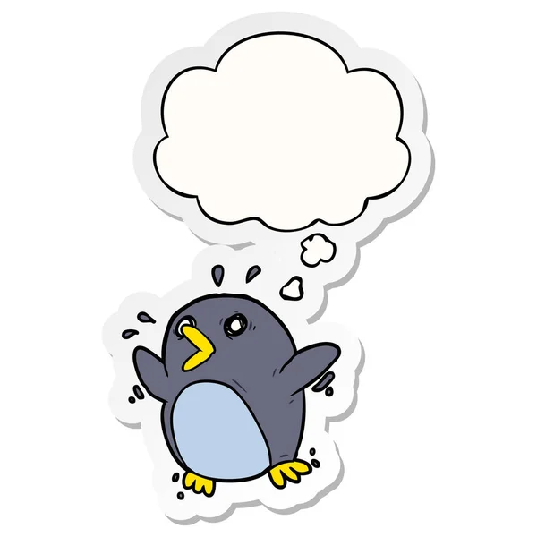 Dibujos animados asustado pingüino y la burbuja de pensamiento como un palo impreso — Vector de stock