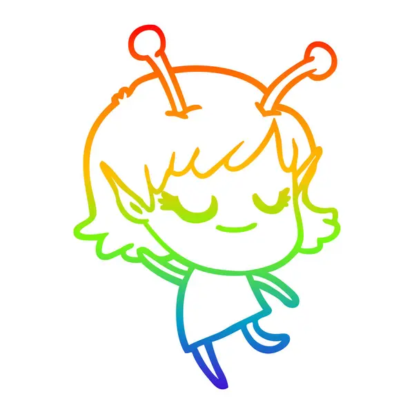 Arco iris gradiente línea dibujo sonriente chica alienígena dibujos animados — Vector de stock