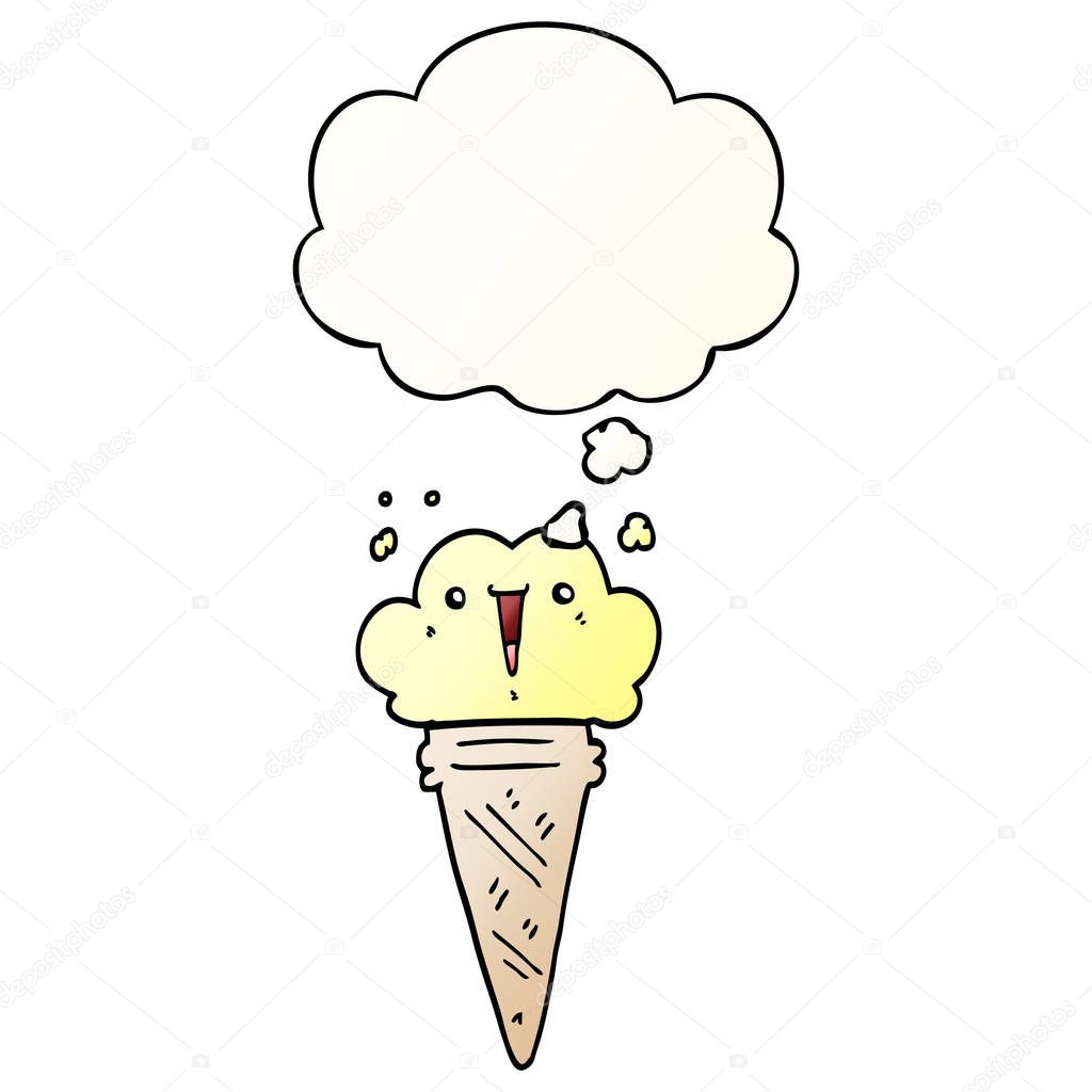 cartoon ice cream with face and thought bubble in smooth gradien