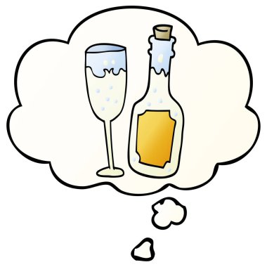 karikatür şampanya şişesi ve cam ve pürüzsüz düşünce balonu 
