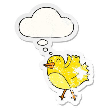 sıkıntılı bir yıpranmış etiket olarak karikatür kuş ve düşünce balonu