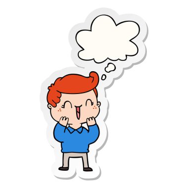 karikatür gülen çocuk ve baskılı bir etiket olarak kabarcık düşündüm