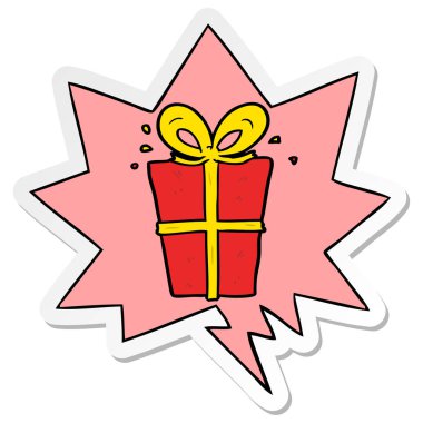 karikatür sarılmış hediye ve konuşma balonu etiket