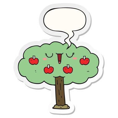karikatür elma ağacı ve konuşma kabarcık etiket