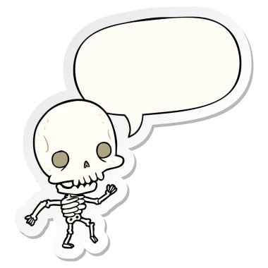 sevimli karikatür dans iskelet ve konuşma kabarcık etiket