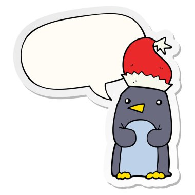 sevimli noel penguen ve konuşma kabarcık etiket