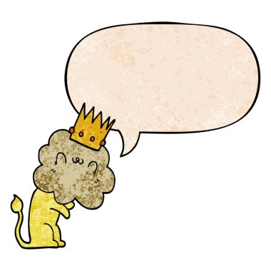 retro doku tarzında karikatür aslan ve taç ve konuşma balonu