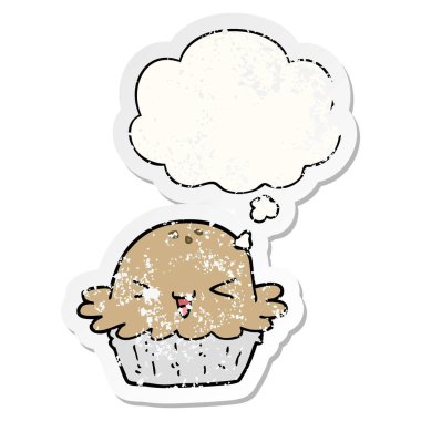 sevimli karikatür pasta ve sıkıntılı yıpranmış etiket olarak kabarcık düşünce