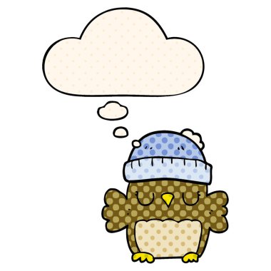 şapka sevimli karikatür baykuş ve çizgi roman tarzında kabarcık düşünce