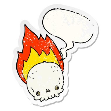 ürkütücü karikatür yanan kafatası ve konuşma balonu sıkıntılı sticke