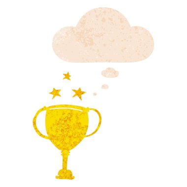 retro dokulu tarzı karikatür spor kupa ve düşünce balonu