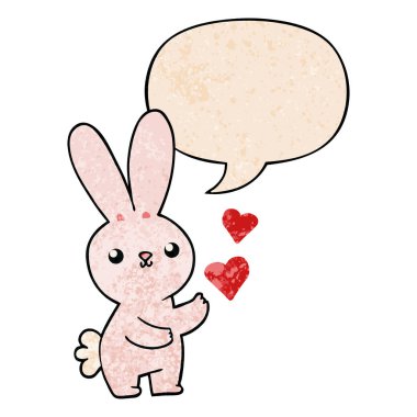 sevimli karikatür tavşan ve retro t aşk kalpleri ve konuşma balonu