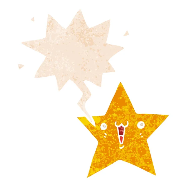 Szczęśliwy gwiazda kreskówki i bańka mowy w stylu retro teksturowane — Wektor stockowy