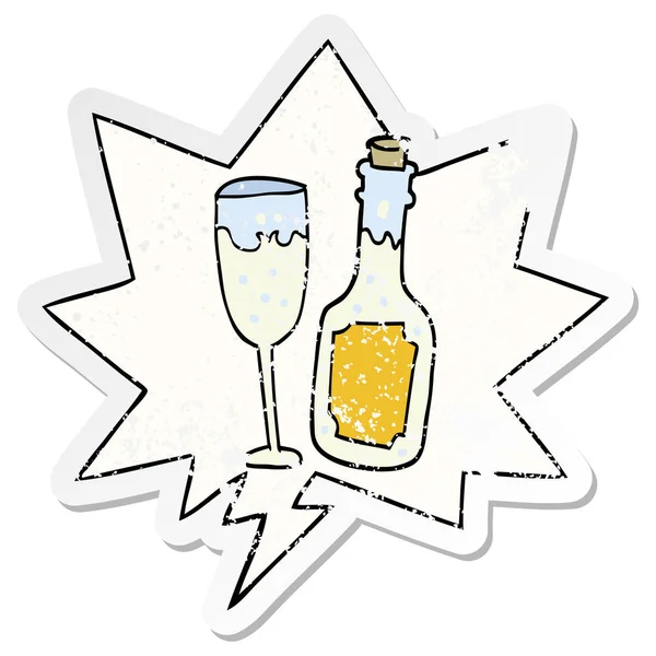 Kreslené láhve šampaňského a bubliny na skle a řeči — Stockový vektor