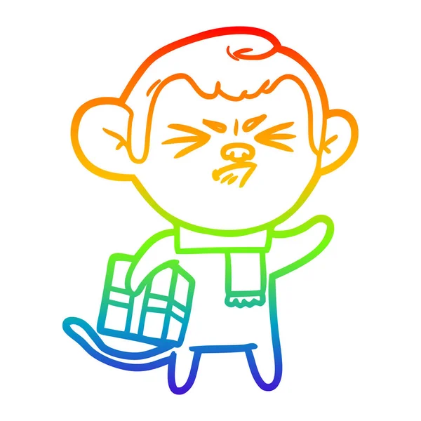 Linea gradiente arcobaleno disegno cartone animato scimmia infastidito — Vettoriale Stock