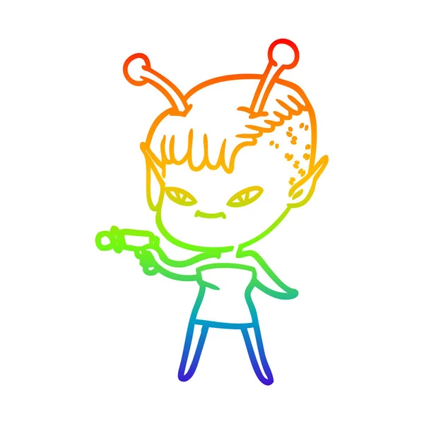 Regenboog gradiënt lijntekening cute cartoon buitenaardse meisje — Stockvector