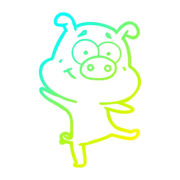 Cold gradient line drawing happy cartoon pig dancing — Stock Vector