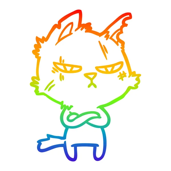 Arco-íris linha gradiente desenho duro desenho animado gato braços dobráveis — Vetor de Stock