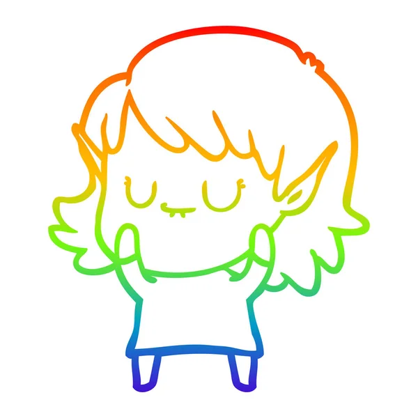 Arco iris gradiente línea dibujo feliz dibujos animados elfo chica usando dre — Vector de stock