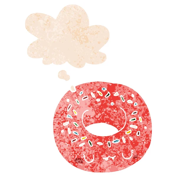 Donut de desenhos animados e bolha de pensamento em estilo retro texturizado — Vetor de Stock