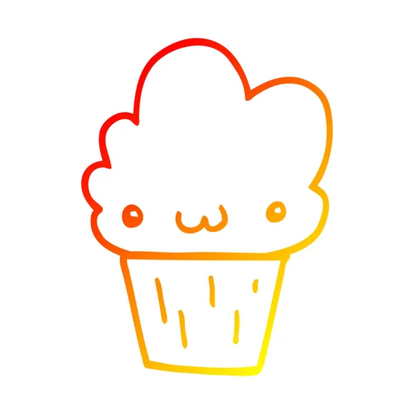 Warme kleurovergang lijntekening cartoon cupcake met gezicht — Stockvector