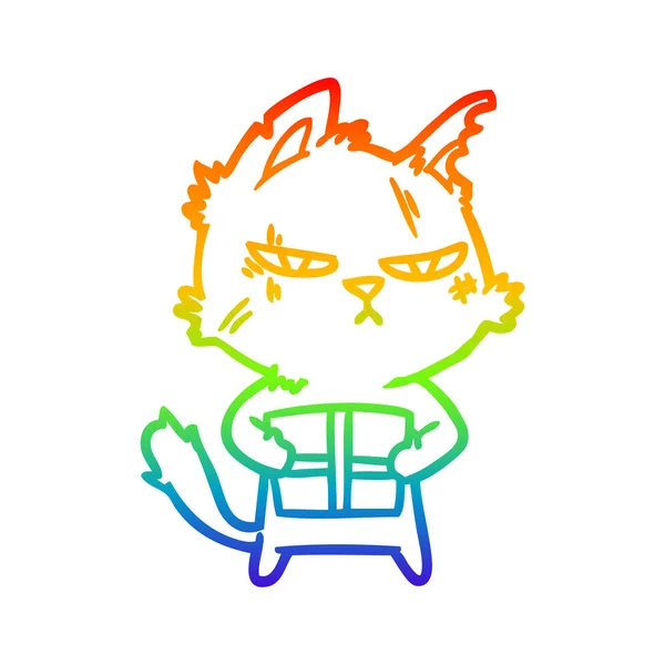 Rainbow gradient ligne dessin dur dessin animé chat avec noël p — Image vectorielle