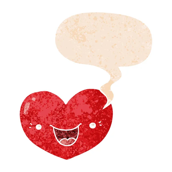 Desenho animado amor coração personagem e fala bolha em retro texturizado — Vetor de Stock