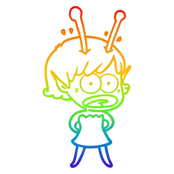 虹のグラデーションライン描画漫画ショックエイリアンの女の子 — ストックベクタ