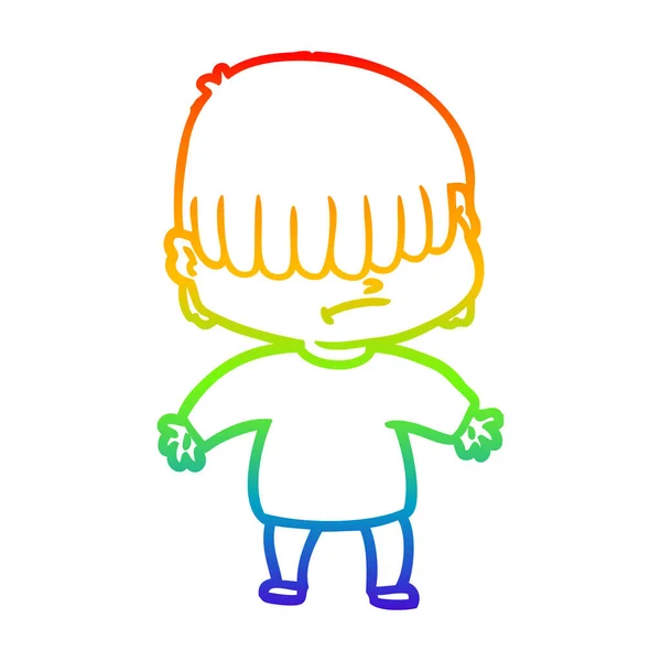 Rainbow gradient line drawing cartoon boy with untidy hair — Stock Vector