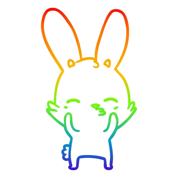 Rainbow gradient linje ritning nyfiken viftande Bunny Cartoon — Stock vektor