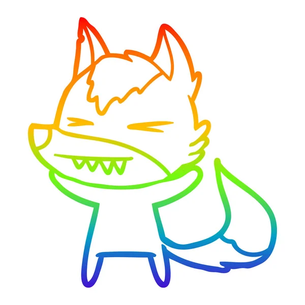 虹のグラデーションラインは怒っているオオカミの漫画を描く — ストックベクタ