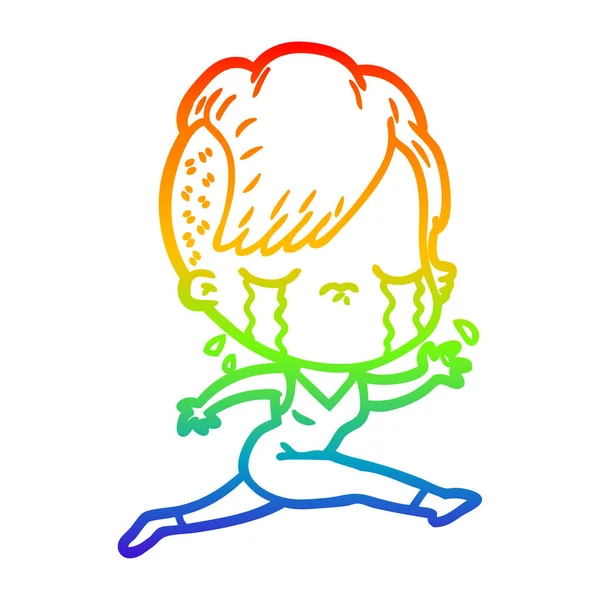 Rainbow gradient ligne dessin dessin animé pleurer fille courir — Image vectorielle