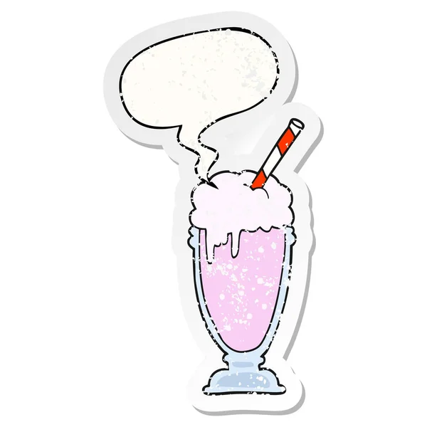 Cartoon milkshake and speech bubble distressed sticker — Stock Vector