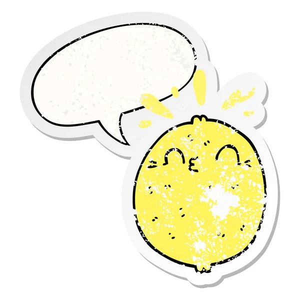 Cute cartoon lemon and speech bubble distressed sticker — Stock Vector