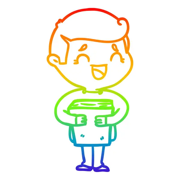 Arco-íris linha gradiente desenho cartoon rindo homem segurando livro — Vetor de Stock