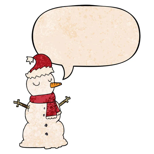 Muñeco de nieve de dibujos animados y burbuja del habla en estilo de textura retro — Vector de stock