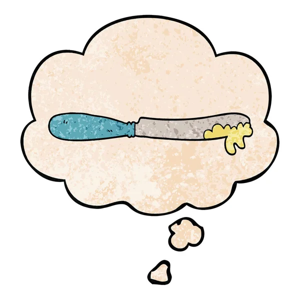 Cuchillo de mantequilla de dibujos animados y burbuja de pensamiento en grunge textura patter — Vector de stock