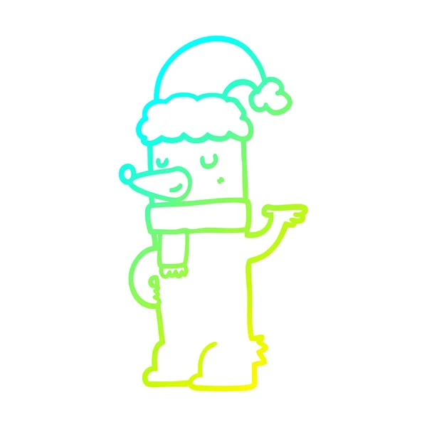 Linha gradiente frio desenho urso dos desenhos animados usando chapéu de Natal — Vetor de Stock