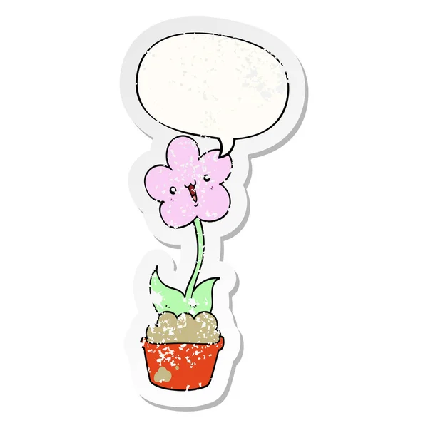 Lindo dibujo animado flor y el habla burbuja angustiado pegatina — Vector de stock
