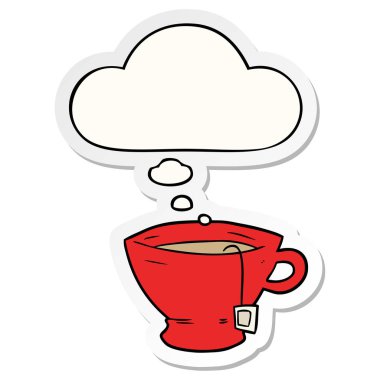 bir baskılı etiket olarak çay ve düşünce balonu karikatür fincan