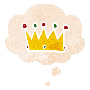 retro dokulu tarzda karikatür taç ve düşünce balonu