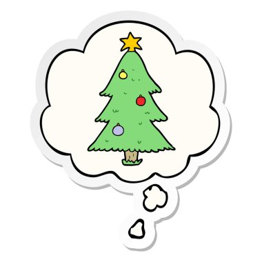 karikatür noel ağacı ve baskılı bir etiket olarak kabarcık düşünce