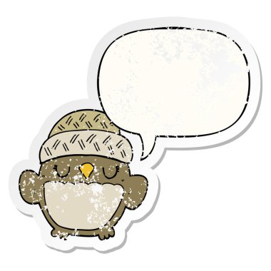 şapka ve konuşma balonu sıkıntılı etiket sevimli karikatür baykuş