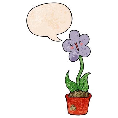 retro doku tarzında sevimli karikatür çiçek ve konuşma balonu