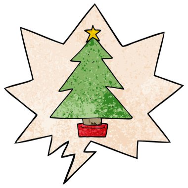 retro doku tarzında karikatür noel ağacı ve konuşma balonu