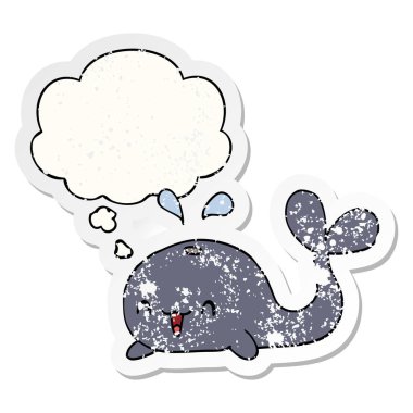 karikatür mutlu balina ve sıkıntılı yıpranmış stic olarak kabarcık düşünce