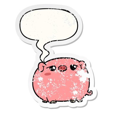 sevimli karikatür domuz ve konuşma balonu sıkıntılı etiket