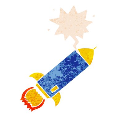 retro dokulu tarzda karikatür roket ve konuşma balonu