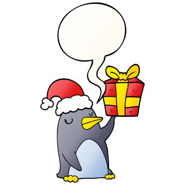 karikatür penguen ve noel hediye ve konuşma balonu smoot içinde