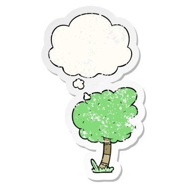 karikatür ağacı ve sıkıntılı yıpranmış etiket olarak kabarcık düşünce